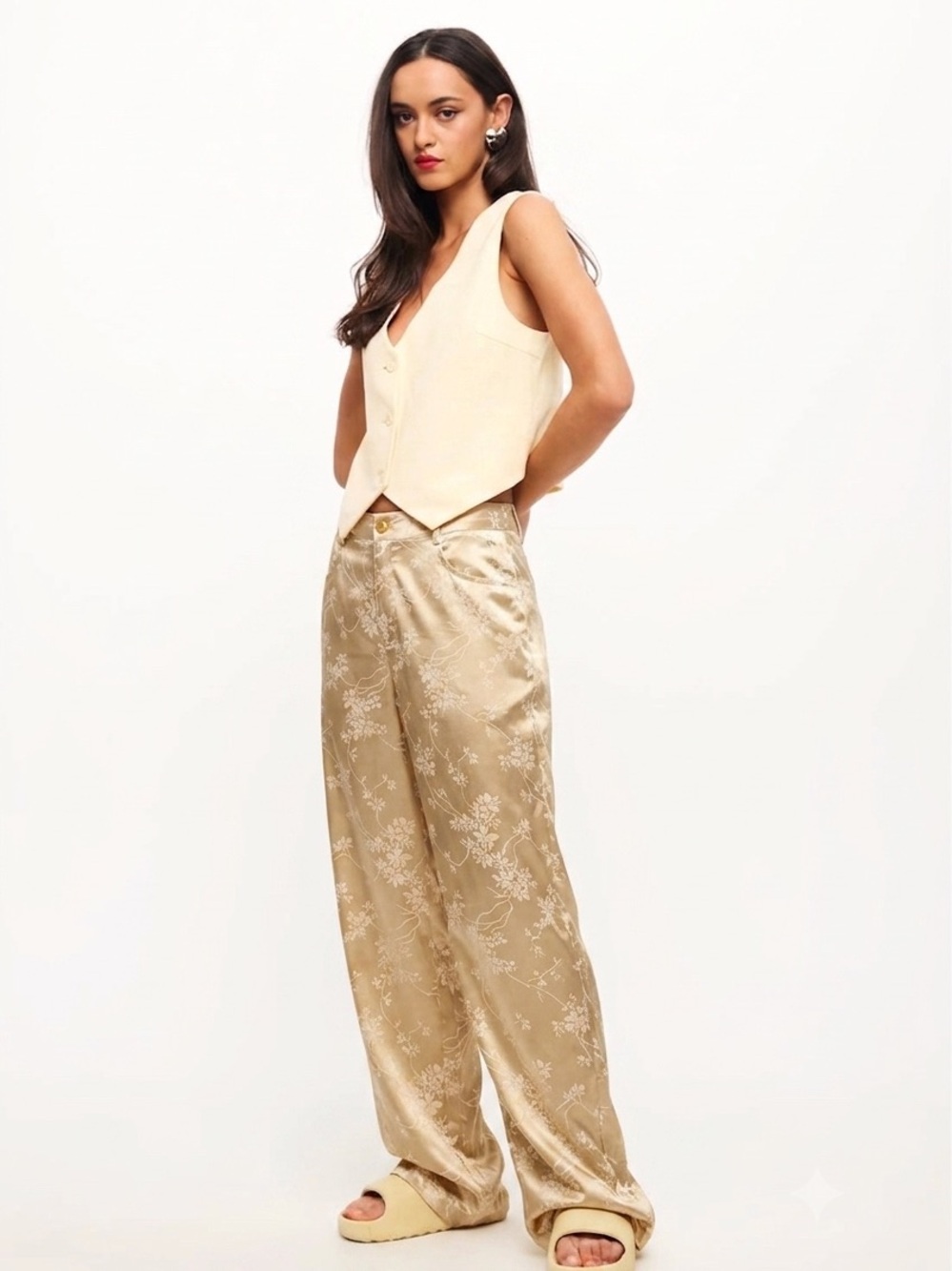 Lioness Floral Satin Jacquard Straight Leg Pants Size Medium
